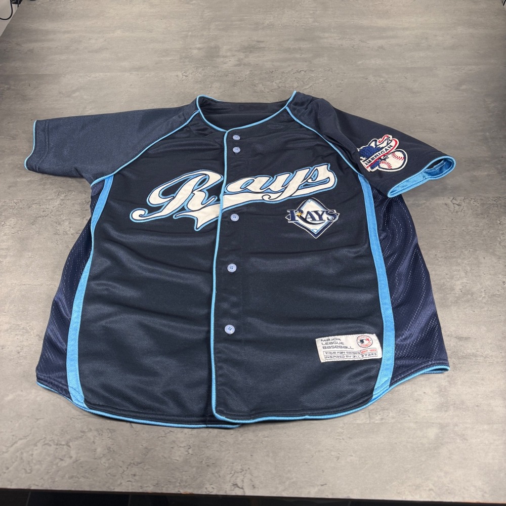 Vintage MLB Tampa Bay Rays Jersey Kids XL 14-16 Navy Baseball Button Front Shirt